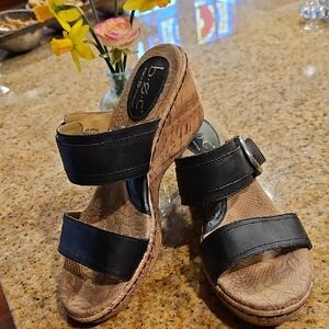 b.o.c. Black Cork Wedge Slide Sandals with Buckle Accent